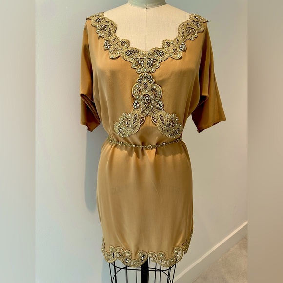 Luxury Silk Mini Tunic Dress with Crystals and gold embroidery , Handmade S-M - Picture 3 of 17